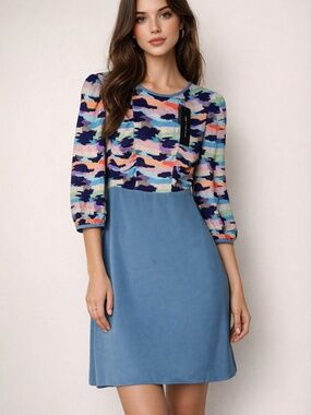 NWT Marc by Marc Jacobs 100% Silk Blue Abstract Print Dress Long Sleeve size 10